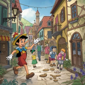 Illustrate a whimsical scene where Pinocchio, with his wooden li...