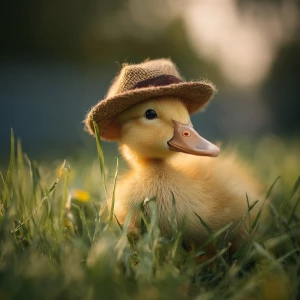A yellow feathered baby call duck ( short bill) wearing a hat ge...