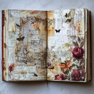 Create a highly detailed vintage gothic junk journal double-page...