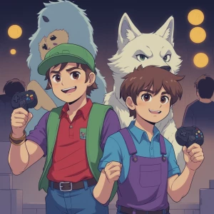 Characters:
Tim - aboy with green hat and purple vest with red...