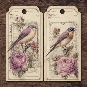 Victorian Mauve Rose Ephemera – 2 Large Tags (Antique Roses & Bi...