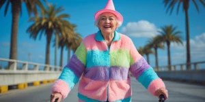 An elderly woman roller skating on a sunny day, wearing a colorf...