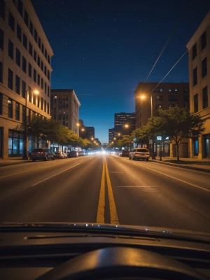A back camera pic of the street of USA texas at night everything...