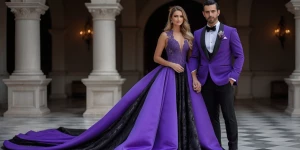 Beautiful woman in luxurious wedding dress with long train in pu...