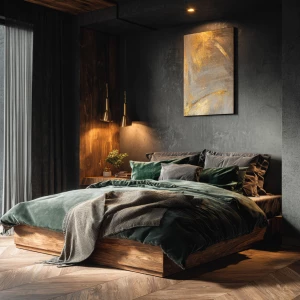 Create a stunning and luxurious Scandinavian bedroom setting fea...
