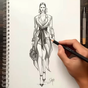 Generate an elegant and detailed fashion sketch featuring a desi...