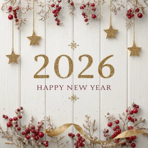 Elegant New Year 2026 greeting design on a soft white wooden tex...
