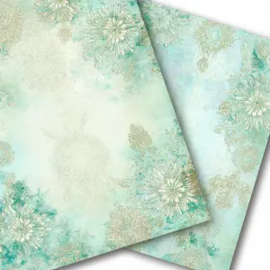 Pale aqua bohemian paisley floral scrapbook paper, soft ivory an...