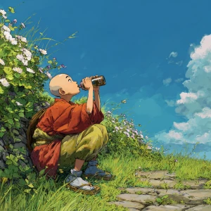 Landscape shot of A japanese boy with shaved head , enjoying can...