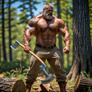 “A muscular, shirtless bodybuilder with grey hair, a beard, and...