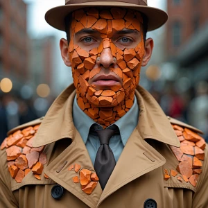 A man with orange rocks for skin in a trenchcoat and a fedora. W...