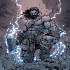 Full-body portrait of a mythic thunder warrior with muscular bui...