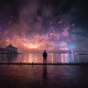 A man standing on a crowded Sydney Harbour promenade, surrounded...