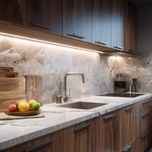 Create a realistic image of a contemporary kitchen featuring wal...