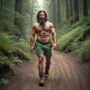 Generate an image of a rugged, muscular man with a hairy chest,...