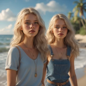 2 cute blonde girls walking on beach
