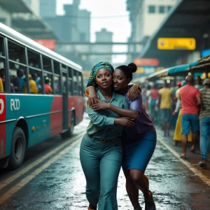 3D cinematic image of Amina (22) at busy Lagos bus station, over...
