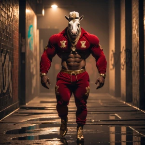 A powerfully muscled Centaur, human torso gleaming with oiled sk...