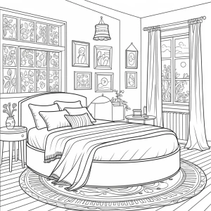 "Simple and cozy bedroom line art illustration in the style of B...