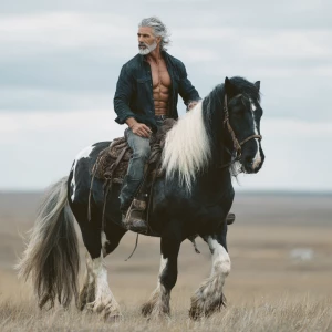 A bodybuilder man with a rugged beard and long gray hair, dresse...