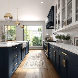 Generate a realistic image with navy blue lower cabinets, white...
