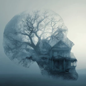 A Victorian gothic mansion in the moonlight, dead twisted trees,...