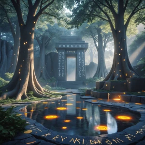 A serene scene unfolds within the Temple of Whispering Leaves: t...
