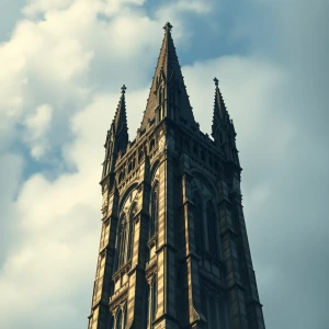 A majestic gothic tower stretches towards the sky, its uneven sp...