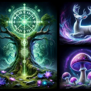 photorealistic 3D ancient oak tree with glowing runes, magical g...