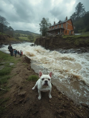 Ultra-photorealistic cinematic riverside scene of a natural disa...