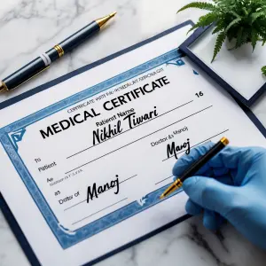 Make medical certificate with signature and write patient name N...