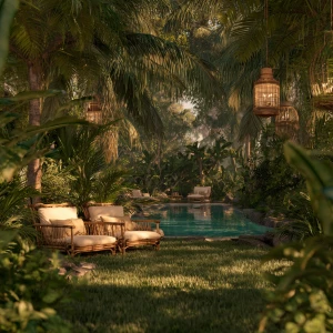 Create a realistic image featuring a lush tropical garden lawn w...