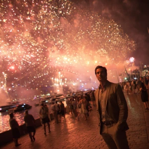 A man looking in the camera standing on a crowded Sydney Harbour...