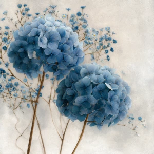 Prompt: Dusty-blue hydrangea heads mixed with tiny forget-me-not...