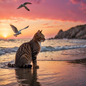 Create an image of a serene beach at sunset, with gentle waves l...