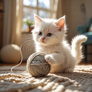 Generate an image of a fluffy white kitten playing with a ball o...