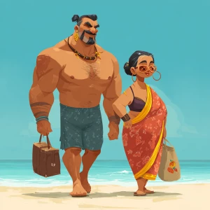 Realism,a muscular sweaty indian  villain man, walking  with his...
