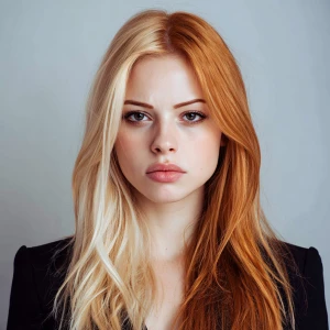 Female supermodel with half blonde half red hair. She has a conf...