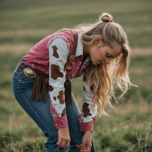 A cow girl bending