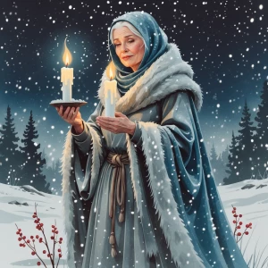 Winter Solstice Sage standing in a snowy landscape, full-body ch...