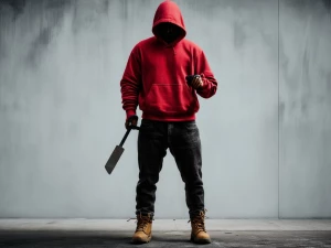 Cinematic full-body portrait of a hooded street artist standing...