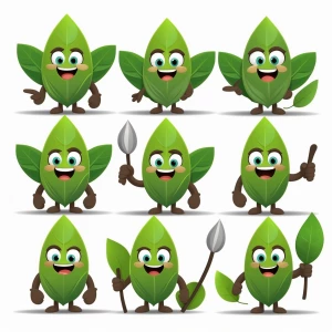 friendly bodhi leaf mascot in various expressions and poses on w...