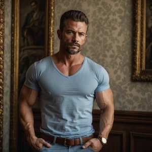 A muscular man stands in a well-lit interior room, his body angl...