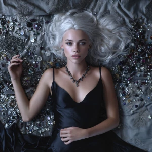 A beautiful woman (pale, icy platinum hair, confident, elegant,...