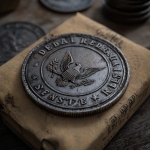 Create a realistic 3D image of a coin featuring the text "Federa...