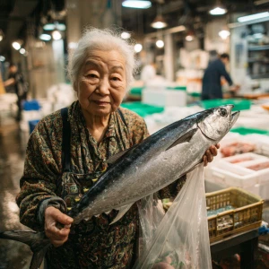 Old Asian woman holding a really long tuna fish in a transparent...