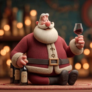 3D pixar figure of santa clause sitting down holding a wine glas...