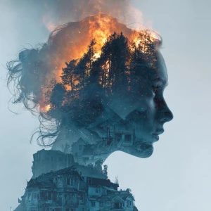 a double exposure depicting the silhouette of an adult female he...