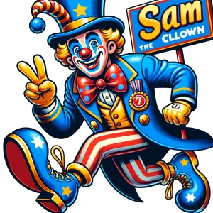 Visualize a circus clown named Sam, adorned in a vibrant blue ou...