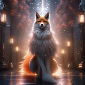 A bewitching kitsune glows with an ethereal allure in a darkwave...